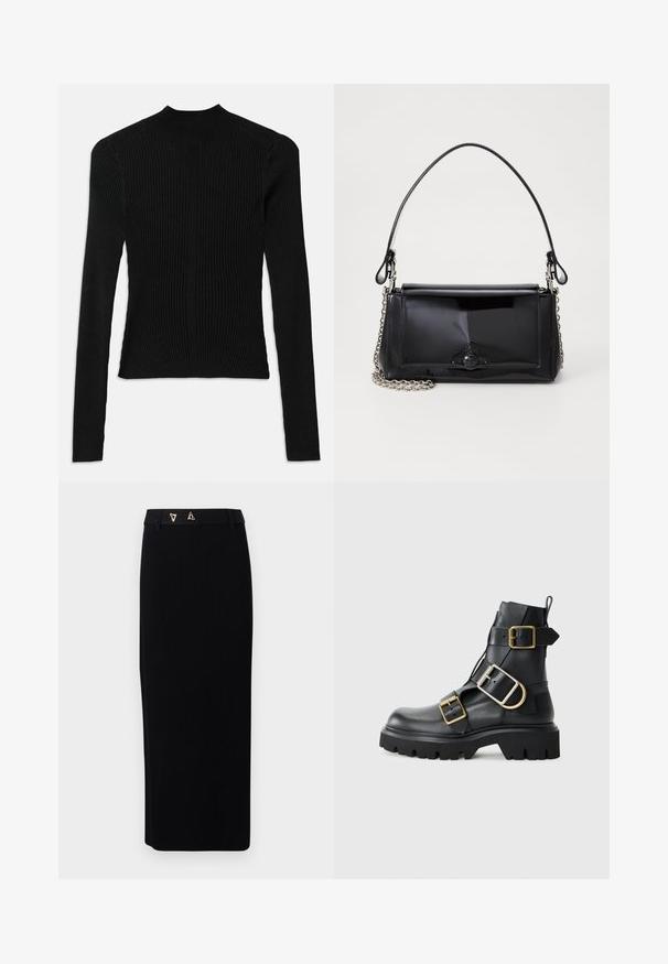 Juoda kirkšninių ilgomis rankovėmis palaidinė su aukštu kaklu ir prigludusia siluetu, su vertikaliu tekstūru ir siūlių detalėmis ant pečių.; AERON FORUM - Pieštukinis sijonas - black; Juodas odinis kulkšninis batas su masyviu padu, turintis kelias juostas ir auksinius aksesuarus. Lygi tekstūra, tvirtas dizainas.; Juodas lakinės odos rankinės ilgis stačiakampis, su grandinėlės dirželiu ir išskirtiniu metaliniu akcentu centre. Lygus paviršius.