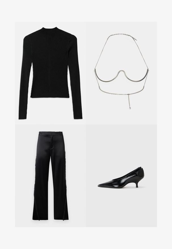 Black ribbed long-sleeve top with a high neck and fitted silhouette, featuring vertical texture and seam detailing at the shoulders.; Black satin pants with wide legs, featuring fringe details along the side seams and a flat front waistband. Plain back without pockets.; Black leather pump with a pointed toe, low heel, sleek design, and smooth texture. Features a slip-on style with no visible hardware.; Cult Gaia ASHA BODY JEWELRY - Other accessories - bright shiny silver-coloured