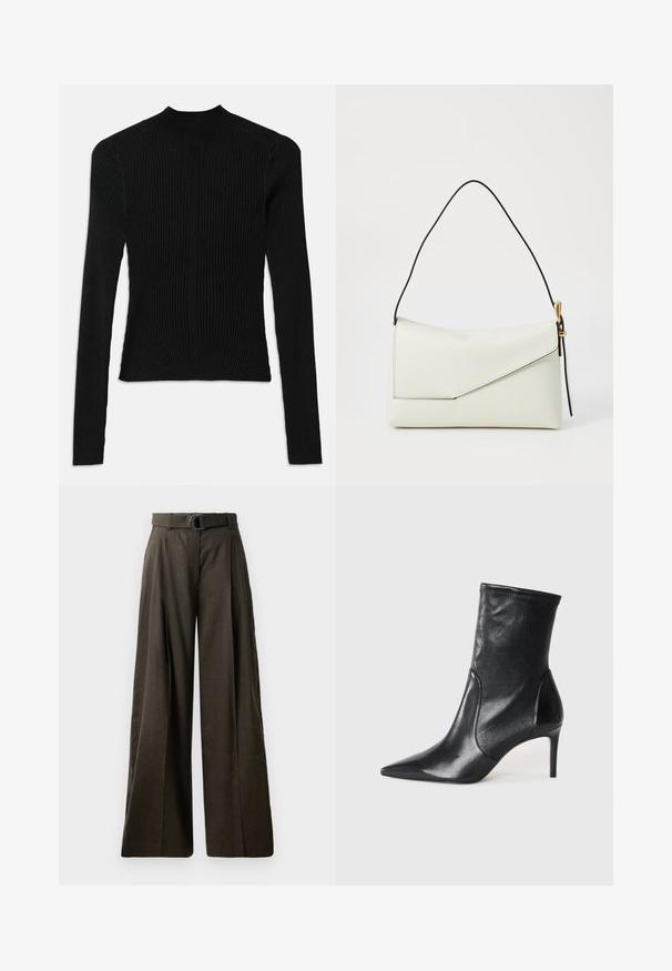 Black ribbed long-sleeve top with a high neck and fitted silhouette, featuring vertical texture and seam detailing at the shoulders.; High-waisted, wide-leg trousers in dark brown fabric with a smooth texture. Features a matching belt with a circular buckle and pleated design.; Black ankle boots made of smooth leather, featuring a pointed toe, fitted shaft, and a slim high heel. Minimalist design with no visible hardware.; White leather handbag with a triangular flap closure, black strap, gold hardware accents, and a smooth textured finish.