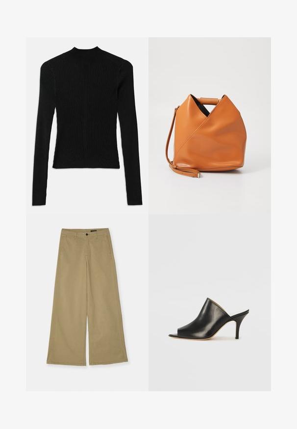 Maglietta nera a maniche lunghe con collo alto e silhouette aderente, caratterizzata da una texture verticale e dettagli delle cuciture sulle spalle.; Pantaloni larghi color khaki in cotone, con chiusura a bottone, tasche laterali e dettagli di cucitura a vista. Tessuto liscio.; Mule aperto in pelle nera con un design elegante e curvo, tacco a stiletto alto e superficie liscia. L'interno presenta un colore chiaro a contrasto.; Borsa a mano in pelle color tan con design unico a pieghe triangolari, manico superiore e tracolla removibile su sfondo bianco.