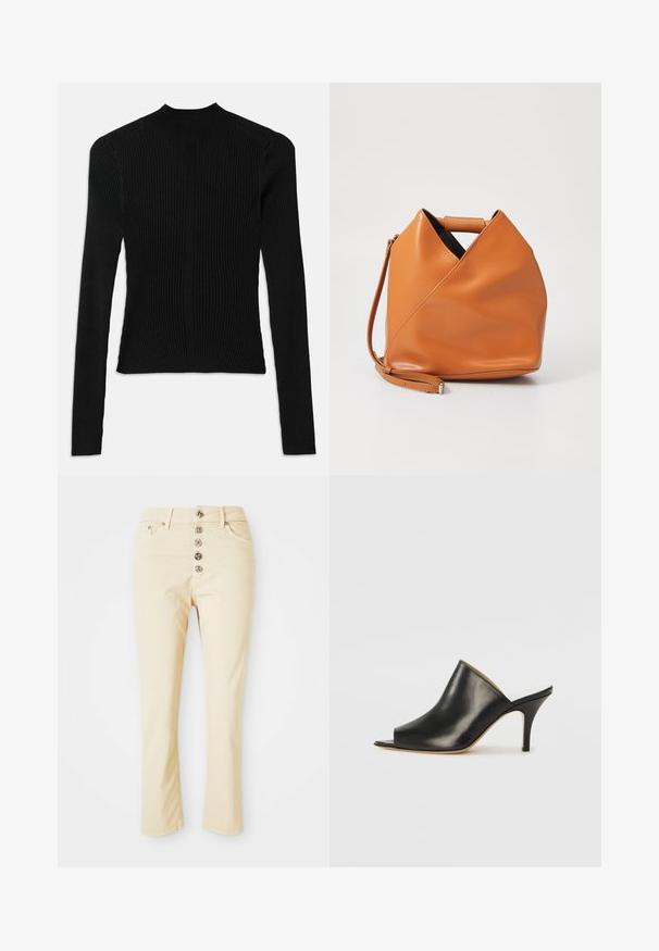 Černý žebrovaný top s dlouhým rukávem a vysokým výstřihem, se přiléhavým střihem, vertikální texturou a švy na ramenou.; Beige džíny vyrobené z bavlny, s uzávěrem na knoflíky a pěti kovovými knoflíky a rovnými nohavicemi. Hladká textura a klasický design.; Černé kožené otevřené muly s elegantním, zakřiveným designem, vysokým jehlovým podpatkem a hladkou texturou. Interiér má kontrastní světlou barvu.; Hnědá kožená kabelka s unikátním trojúhelníkovým skladem, horním uchem a odnímatelným ramenním popruhem na bílém pozadí.
