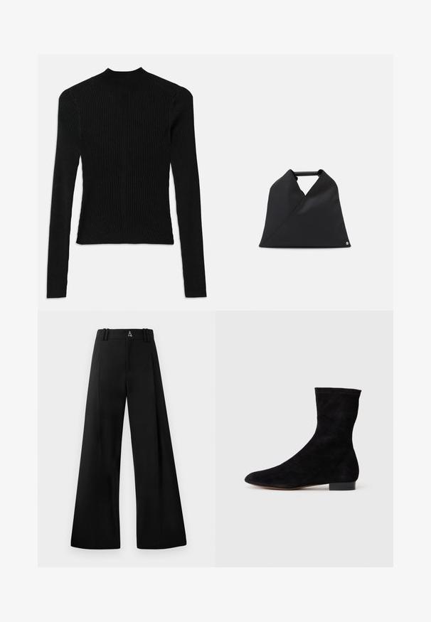 Melnā ribota ilgstoša blūze ar augstu apkakli un pieguļošu siluetu, kas piedāvā vertikālu tekstūru un vīļu detaļas plecos.; Melni plataji bikses, kas izgatavotas no gludas auduma, ar augstu jostasvietu, krokām un logo aizmugurē. Tīrs, pielāgots dizains bez rakstiem.; Melnas zamšādas potīšu zābaki ar piegulošu kāju daļu, smailu purngalu un zemu bloku papēdi. Gluda tekstūra un minimālistisks dizains, piemērots dažādai stilizācijai.; Melnas ādas soma ar asimetrisku dizainu un teksturētu virsmu. Tai ir vienkārša rokturis un izsmalcināts logo akcentējums.