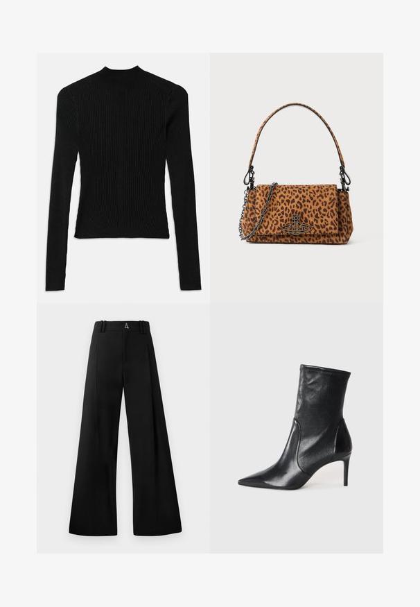 Melnā ribota ilgstoša blūze ar augstu apkakli un pieguļošu siluetu, kas piedāvā vertikālu tekstūru un vīļu detaļas plecos.; Melni plataji bikses, kas izgatavotas no gludas auduma, ar augstu jostasvietu, krokām un logo aizmugurē. Tīrs, pielāgots dizains bez rakstiem.; Melnas potītes zābakus, kas izgatavoti no gludas ādas, ar norādītu purngaliņu, pieguļošu kāju un šauru augstu papēdi. Minimalistisks dizains bez redzamiem aksesuāriem.; Leoparda raksta roka somiņa, izgatavota no zamšādas, ar īsu rokturi, ķēdes siksnu un melnu metāla aizdari. Taisnstūra forma ar pārklājuma aizdari.
