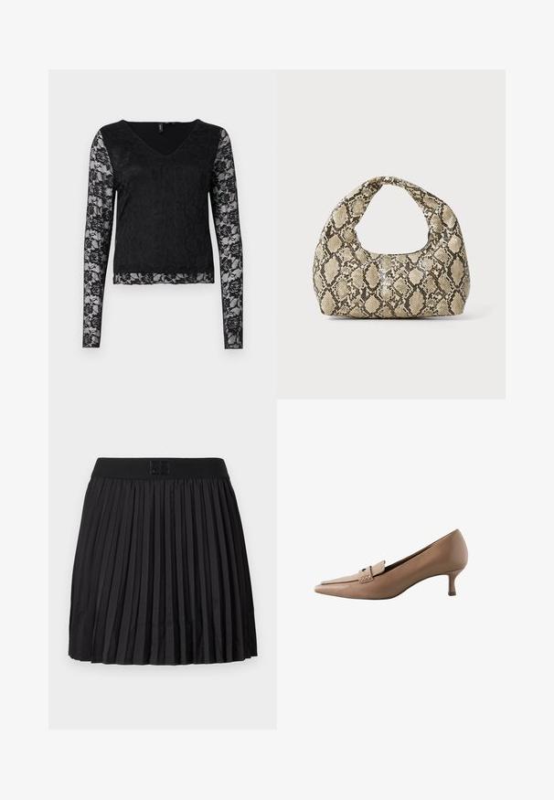 Zwarte lange mouw top met een V-hals, een effen zwart lijfje en sheer kantmouwen met bloemmotieven. Over het geheel een gladde textuur.; Zwarte geplooide rok met een soepele textuur, voorzien van een effen zwarte tailleband en een reliëflogo-detail aan de voorkant.; Beige leren pump met spitse neus en een lage hak, met een decoratieve band en gesp over de wreef. Gladde textuur, stijlvolle vormgeving.; Slangpatroon handtas met een gebogen handvat. Gemaakt van gestructureerde, beige en bruine materialen, met een kenmerkend ruitpatroon.