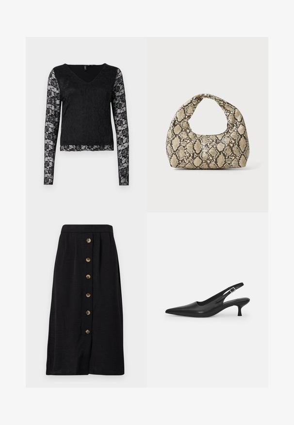 Sort langærmet top med v-hals, ensfarvet sort krop og gennemsigtige blondeærmer med blomstermønstre. Glat tekstur overalt.; Sorth midi-nederdel i strikket stof, med en frontlukning med fem bronzefarvede knapper og en lige silhuet.; Sort læder slingback-sko med spids tå og en slank, buet hæl. Har en diskret justerbar rem med en metalspænde.; Slangeprint håndtaske med et buet håndtag. Lavet af strukturerede, beige og brune materialer, med et karakteristisk diamantmønster.