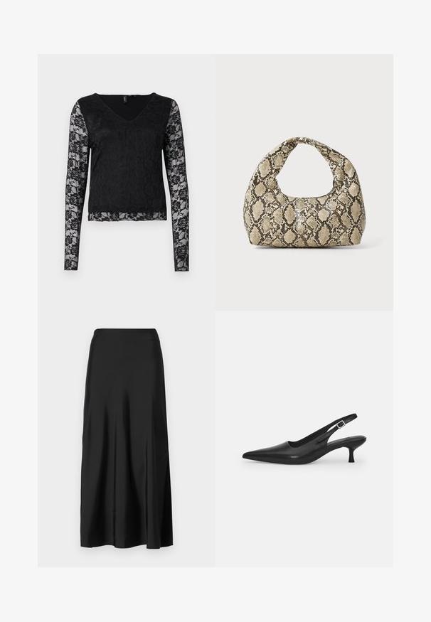 Černý top s dlouhým rukávem, který má výstřih do V, jednobarevné černé tělo a průhledné krajkové rukávy s květinovými vzory. Celkově hladká textura.; GAP PULL ON SKIRT - Maxi sukně - black; Černá kožená nazouvací bota se špičatou špičkou a štíhlým zakřiveným podpatkem. Obsahuje diskrétní nastavitelný pásek s kovovou sponou.; Kabelka s hadím vzorem a zakřiveným držadlem. Vyrobena z texturovaných béžových a hnědých materiálů, s charakteristickým diamantovým vzorem.