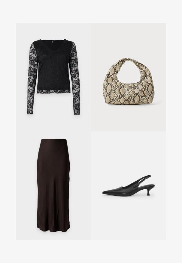 Haut à manches longues noir avec un décolleté en V, corps noir uni et manches en dentelle transparente avec des motifs floraux. Texture lisse dans l'ensemble.; Jupe noire mi-longue en tissu léger et lisse, avec une coupe droite et une fente sur le côté. Elle possède une taille simple.; Chaussure slingback en cuir noir avec un bout pointu et un talon fin et incurvé. Dispose d'une sangle ajustable discrète avec une boucle en métal.; Sac à main en motif serpent avec une poignée incurvée. Fabriqué à partir de matériaux texturés beiges et bruns, présentant un motif en diamant distinctif.