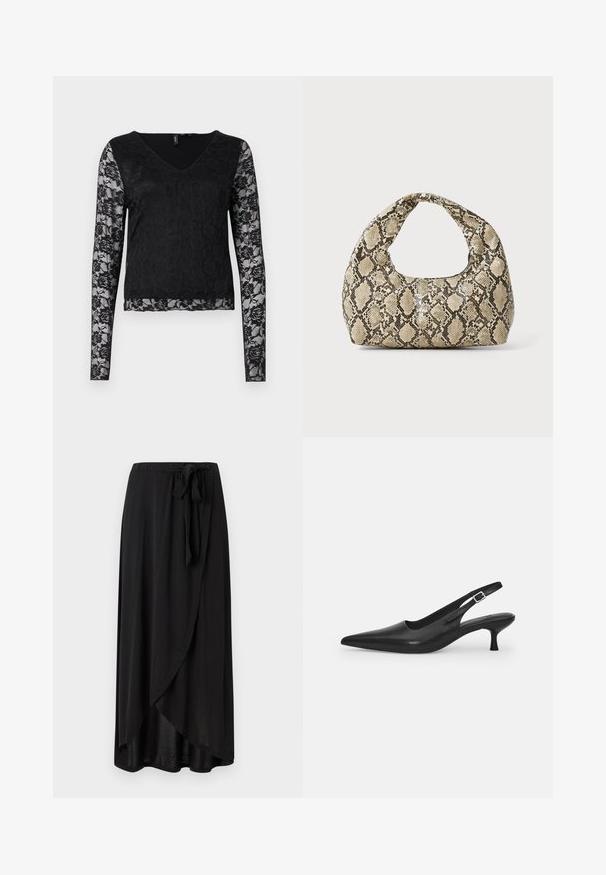 Haut à manches longues noir avec un décolleté en V, corps noir uni et manches en dentelle transparente avec des motifs floraux. Texture lisse dans l'ensemble.; Jupe maxi noire en tissu léger, dotée d'un design enroulé, d'un lien à la taille ajustable, et d'une silhouette fluide avec un ourlet arrondi.; Chaussure slingback en cuir noir avec un bout pointu et un talon fin et incurvé. Dispose d'une sangle ajustable discrète avec une boucle en métal.; Sac à main en motif serpent avec une poignée incurvée. Fabriqué à partir de matériaux texturés beiges et bruns, présentant un motif en diamant distinctif.