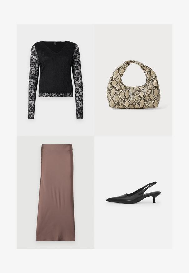Schwarzes Langarmshirt mit V-Ausschnitt, einfarbiger schwarzer Körper und durchsichtigen Spitzenärmeln mit Blumenmustern. Insgesamt glatte Textur.; Braune Satin-Midi-Rock mit einer glatten Textur, taillierter Silhouette und einem Bund. Keine sichtbaren Muster oder Akzente.; Schwarzer Leder-Slingback-Schuh mit spitzer Zehenform und schmalem, geschwungenem Absatz. Verfügt über einen unauffälligen verstellbaren Riemen mit einer Metallschnalle.; Schlangenmuster-Tasche mit einem gebogenen Griff. Hergestellt aus strukturierten, beige- und braunfarbenen Materialien, die ein markantes Diamantmuster aufweisen.