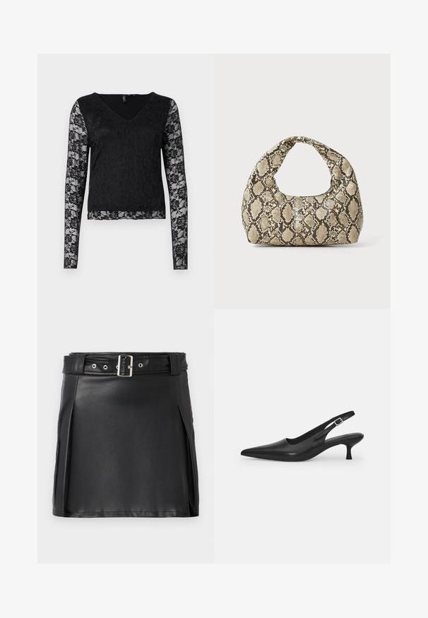 Črn majica z dolgimi rokavi, ki ima V-izrez, enotno črno telo in prosojne čipkaste rokave z cvetličnimi vzorci. Splošna gladka tekstura.; Črna mini krilka iz umetnega usnja s prilegajočim dizajnom, stranskimi naborki in pasom z srebrno zaponko in režami. Gladka tekstura, visok pas.; Črne usnjene sandale z odprtim peto in konično oblikovanim prstom ter ozkim, ukrivljenim petnim delom. Imajo diskretno nastavljivo zaponko z kovinsko sponko.; Torba z vzorom kače s ukrivljenim ročajem. Narejena iz teksturiranih, bež in rjavih materialov, ki imajo značilen diamante vzorec.