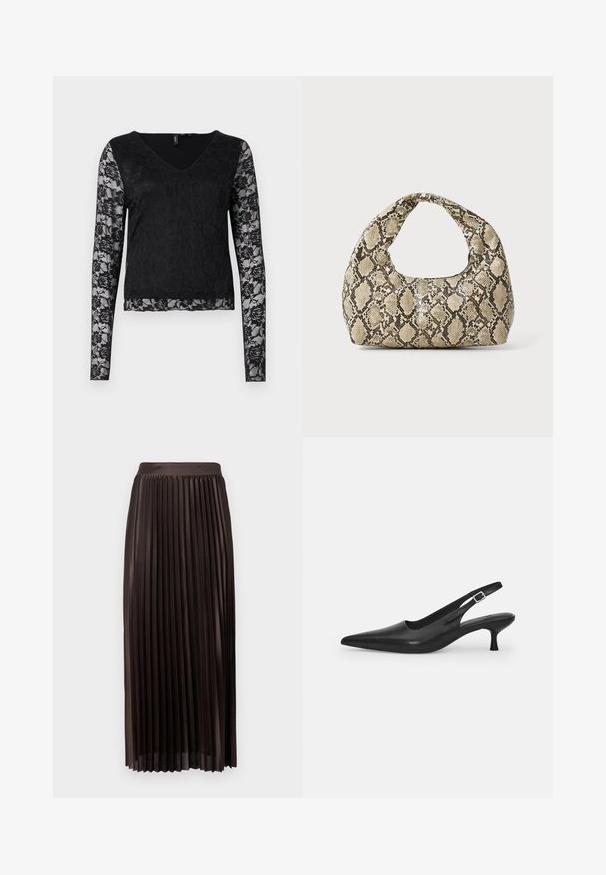 Melna garenā piedurkņu blūze ar V veida kakla izgriezumu, solidā melnā ķermenī un caurspīdīgām mežģīņu piedurknēm ar ziedu rakstiem. Kopumā gluda tekstūra.; Rokas garuma plisētā svārku brūnā audumā, ar gludu jostu, grīdas garuma dizainu un vertikālām plisēm, kas piešķir papildu tekstūru.; Melnas ādas slīdošās kurpes ar norādītu pirkstu un šauru, izliekta papēdi. Ar diskrētu regulējamu siksniņu ar metāla sprādzi.; Čūsku raksta soma ar izliekto rokturi. Izgatavota no teksturētiem, bēšiem un brūniem materiāliem, ar izteiksmīgu dimanta rakstu.