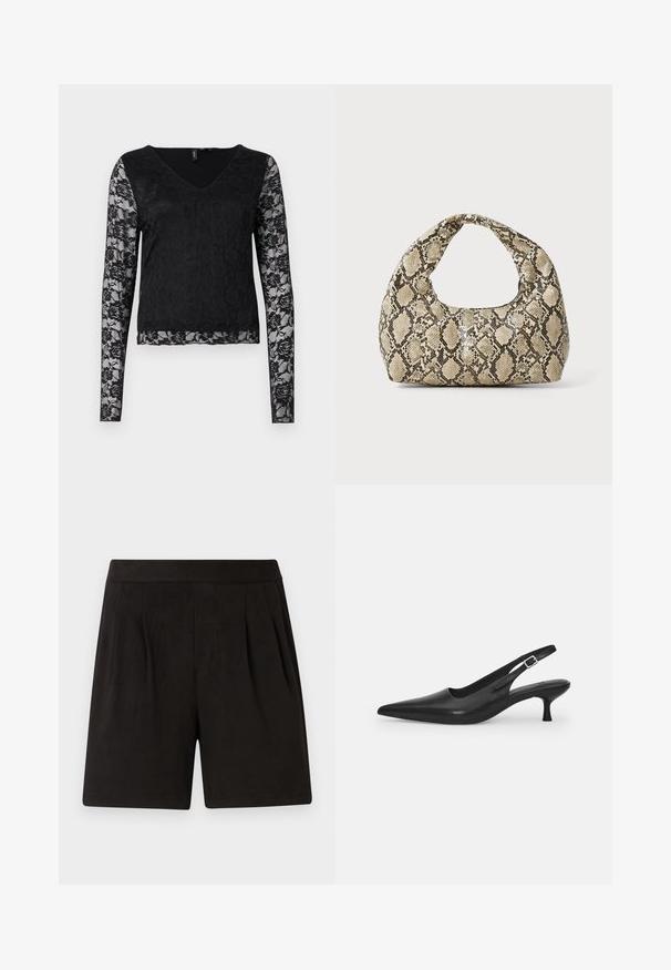 Melna garenā piedurkņu blūze ar V veida kakla izgriezumu, solidā melnā ķermenī un caurspīdīgām mežģīņu piedurknēm ar ziedu rakstiem. Kopumā gluda tekstūra.; Melni šorti no mīksta auduma, ar gludu tekstūru, elastīgu jostasvietu un krokotu priekšpusi. Vienkārši un bez rotājumiem.; Melnas ādas slīdošās kurpes ar norādītu pirkstu un šauru, izliekta papēdi. Ar diskrētu regulējamu siksniņu ar metāla sprādzi.; Čūsku raksta soma ar izliekto rokturi. Izgatavota no teksturētiem, bēšiem un brūniem materiāliem, ar izteiksmīgu dimanta rakstu.