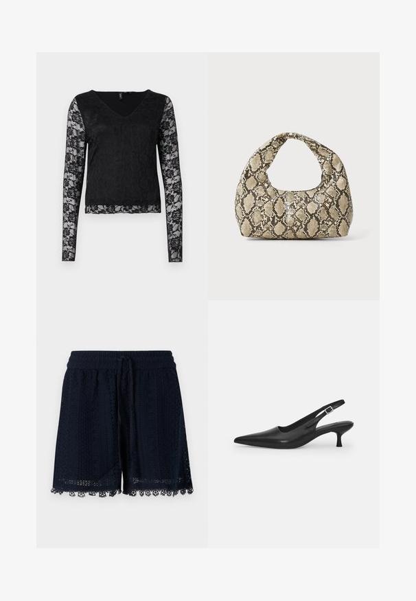 Top negro de manga larga con escote en V, cuerpo completamente negro y mangas de encaje transparente con patrones florales. Textura suave en general.; Pantalones cortos azul marino fabricados en tela de ganchillo, con un patrón texturizado y ribete de encaje en el dobladillo. Cintura elástica con cordón.; Zapato negro de piel tipo slingback con punta afilada y un tacón delgado y curvado. Presenta una correa ajustable discreta con una hebilla de metal.; Bolso de mano con estampado de serpiente y asa curvada. Hecho de materiales texturizados en tonos beige y marrón, con un patrónen diamante distintivo.
