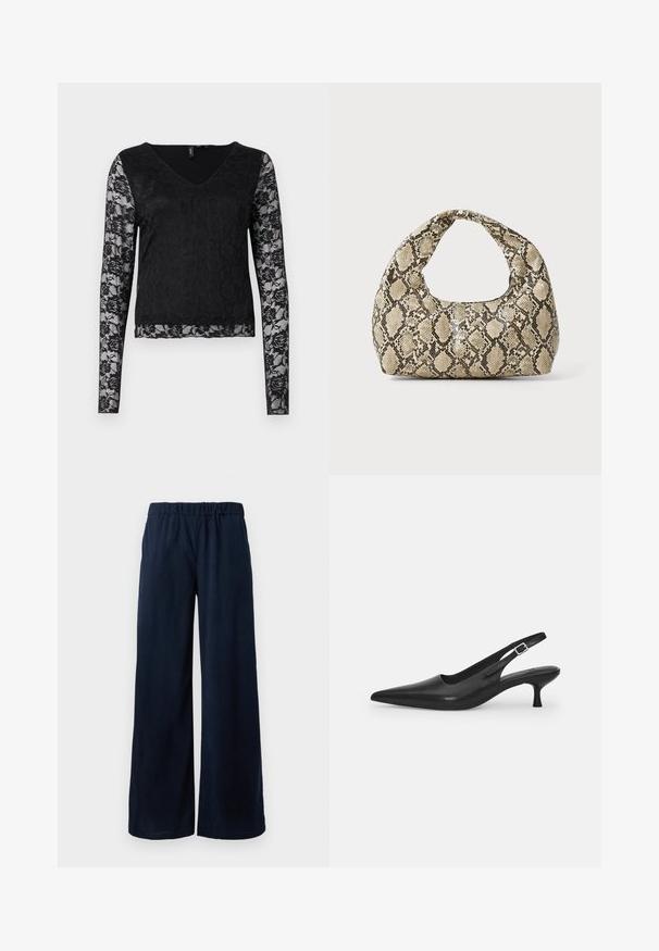Čierna blúzka s dlhým rukávom s výstrihom do V, celkom čierna, a priesvitnými čipkovými rukávmi s kvetinovými vzormi. Celková hladká textúra.; Námornícky modré, široké kordové nohavice s elastickým pásom, zobrazené na bielom pozadí.; Čierne kožené sandále s úzkym špičatým prstom a štíhlym zakriveným podpätkom. Majú diskrétny nastaviteľný popruh s kovovou sponou.; Kabelka s hadím vzorom a zakriveným rukoväťou. Vyrobená z textúrovaných béžových a hnedých materiálov, s charakteristickým diamantovým vzorom.