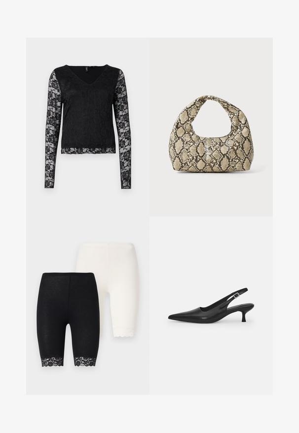 Top nero a maniche lunghe con scollo a V, corpo nero solido e maniche in pizzo trasparente con motivi floreali. Texture complessivamente liscia.; Pantaloni corti neri e bianchi in maglina con dettagli in pizzo sui bordi. Il paio nero presenta un motivo a fiori in pizzo, mentre il paio bianco ha un bordo uniforme.; Scarpa slingback nera in pelle con punta affusolata e tacco sottile e curvato. Presenta una discreta fascia regolabile con una fibbia in metallo.; Borsa a stampa rettile con manico curvo. Realizzata in materiali testurizzati beige e marroni, presenta un distintivo motivo a rombi.
