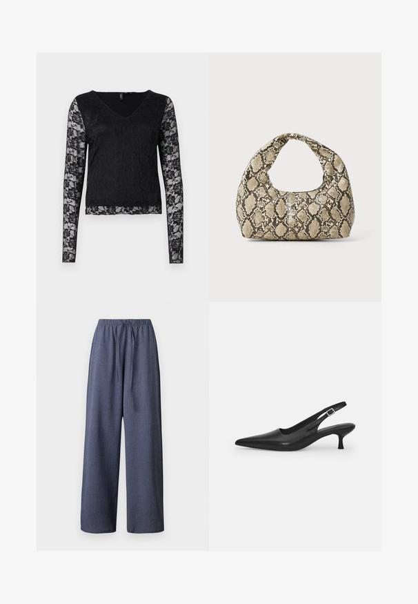 Melna garenā piedurkņu blūze ar V veida kakla izgriezumu, solidā melnā ķermenī un caurspīdīgām mežģīņu piedurknēm ar ziedu rakstiem. Kopumā gluda tekstūra.; Plaša kāju bikses tumši zilā krāsā, ar teksturētu audumu, elastīgu jostasvietu un regulējamu aukliņu. Kabatas nav redzamas.; Melnas ādas slīdošās kurpes ar norādītu pirkstu un šauru, izliekta papēdi. Ar diskrētu regulējamu siksniņu ar metāla sprādzi.; Čūsku raksta soma ar izliekto rokturi. Izgatavota no teksturētiem, bēšiem un brūniem materiāliem, ar izteiksmīgu dimanta rakstu.