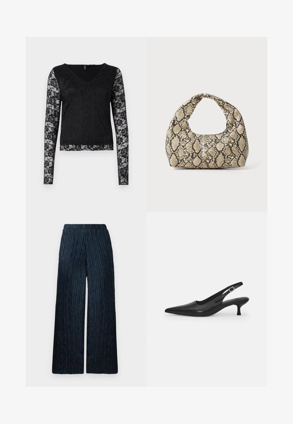 Top negro de manga larga con escote en V, cuerpo completamente negro y mangas de encaje transparente con patrones florales. Textura suave en general.; Pantalones de pierna ancha en azul marino oscuro con tejido texturizado y arrugado. Presentan una cinturilla elástica para mayor comodidad y una superficie suave.; Zapato negro de piel tipo slingback con punta afilada y un tacón delgado y curvado. Presenta una correa ajustable discreta con una hebilla de metal.; Bolso de mano con estampado de serpiente y asa curvada. Hecho de materiales texturizados en tonos beige y marrón, con un patrónen diamante distintivo.
