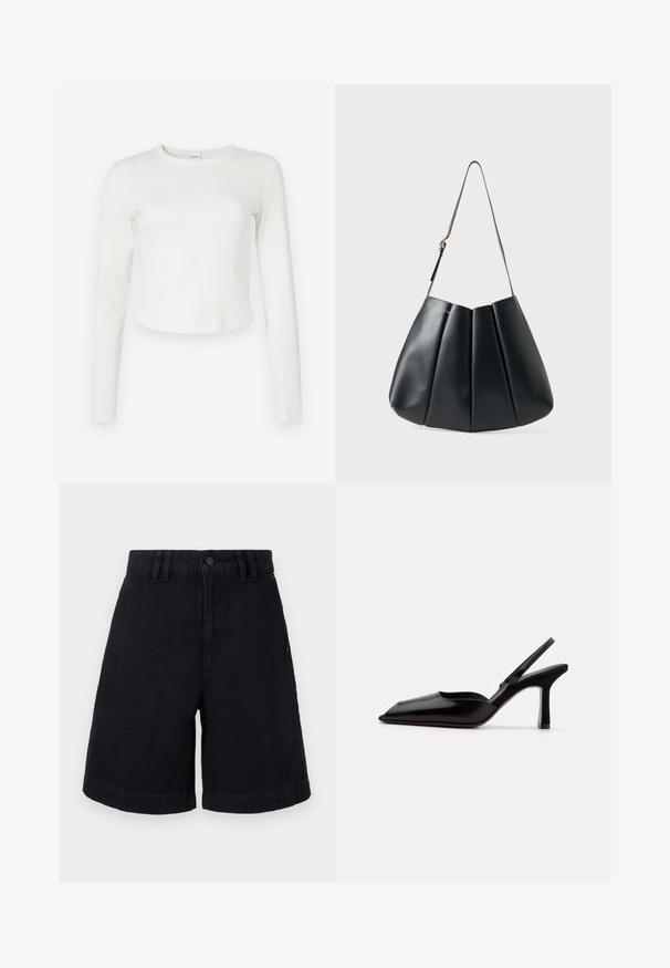 Fehér, hosszú ujjú bordázott felső kerek nyakkivágással és cropped szabással. Puha tapintású, minimalista dizájn, oldalt egy kis logóval.; Fekete farmer rövidnadrág egyenes szabással, gombos záródással, övhurkokkal és felgöngyölt széllel. Simára kidolgozott anyag, finom varrási részletekkel.; Fekete bőr szandál sarkú cipő hegyes orral, minimalist designnal, vékony bokapánttal és karcsú tűsarkúval. Sima textúra.; Fekete bőr válltáska redőzött dizájnnal, sima textúrával, egyetlen pánttal és egy diszkrét arany hardver kiemeléssel.
