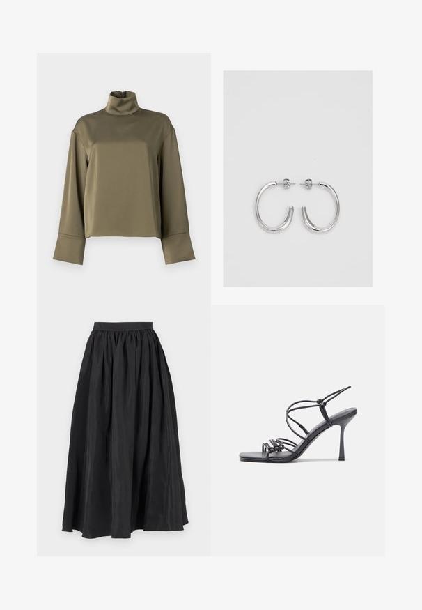 2nd Day FRANCISCA - Hosszú ujjú felső - olive night; Fekete maxi szoknya sima anyagból, gyűjtött derékrésszel és lágyan áramló, tágas siluettel, amely finom fényt sugároz.; Fekete magas sarkú szandálok vékony pántokkal, csomózott mintával, sima négyzetes orral és karcsú stiletto sarkal rendelkeznek.; Ezüst karika fülbevalók sima, fényes felülettel. Lekerekített forma, könnyű kialakítással, tűs zárómechanizmussal.