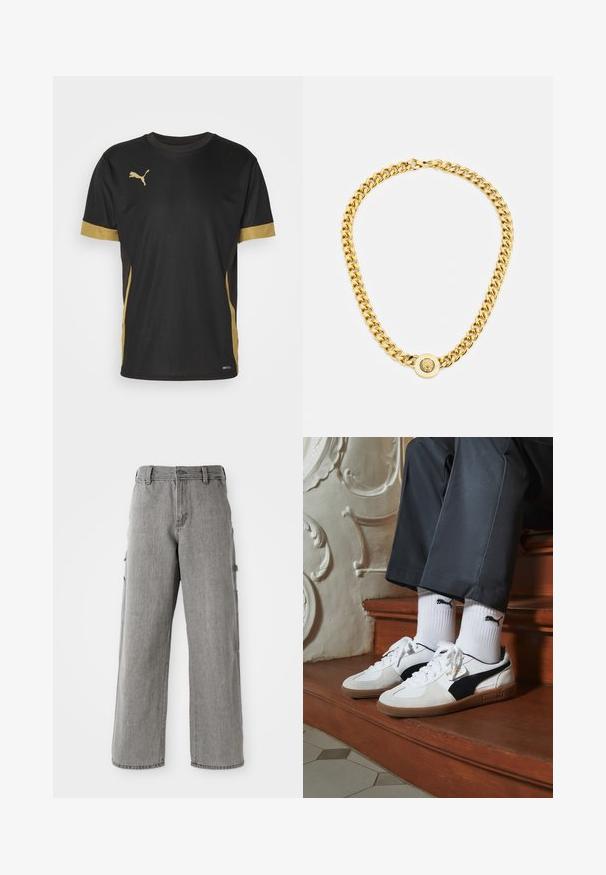 Camisola desportiva preta com detalhes dourados nas mangas e nas laterais. Apresenta uma gola redonda, mangas curtas e tecido DRYCELL que remove a humidade.; Calças cargo cinzentas com um ajuste solto, apresentando bolsos laterais e fecho com zíper. Feitas de denim, têm uma textura suave e costuras limpas.; Ténis Puma em camurça branca e preta, com uma sola de borracha castanha. Combinados com meias brancas exibindo um logótipo preto, usados com calças escuras.; Colar de corrente de ouro com grandes elos interligados, apresentando um detalhe em forma de pêndulo circular no centro com um emblema saliente.
