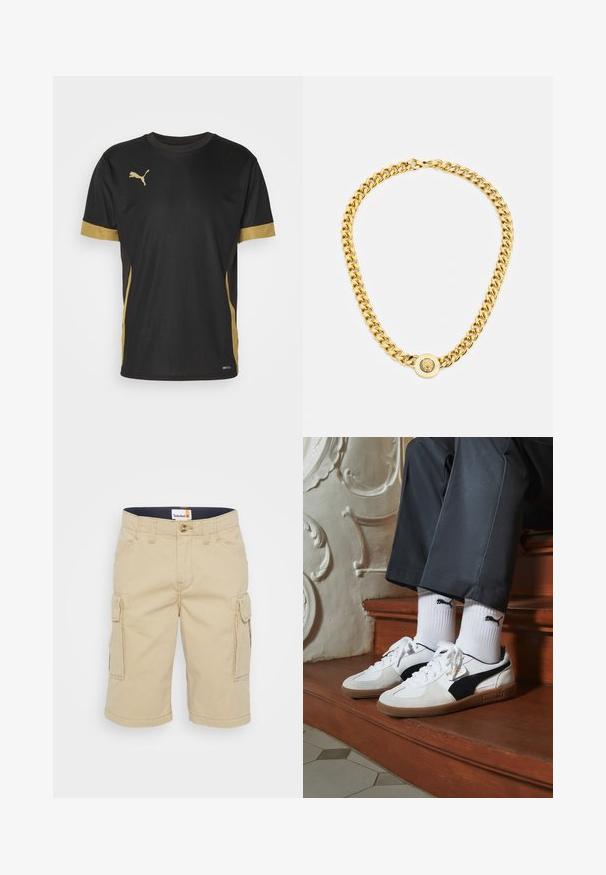 Zwarte sport T-shirt met gouden accenten op de mouwen en zijkanten. Voorzien van een ronde hals, korte mouwen en vochtregulerende DRYCELL-stof.; Beige cargoshorts met een rechte snit, voorzien van zijzakken, knoopsluiting en een stevige stoftextuur. Etiket zichtbaar bij de taille.; Puma sneakers in wit en zwart suède, met een bruine rubberen zool. Gecombineerd met witte sokken met een zwart logo, gedragen met donkere broek.; Gouden ketting met grote onderling verbonden schakels, met een ronde hanger in het midden met een verhoogd embleem.