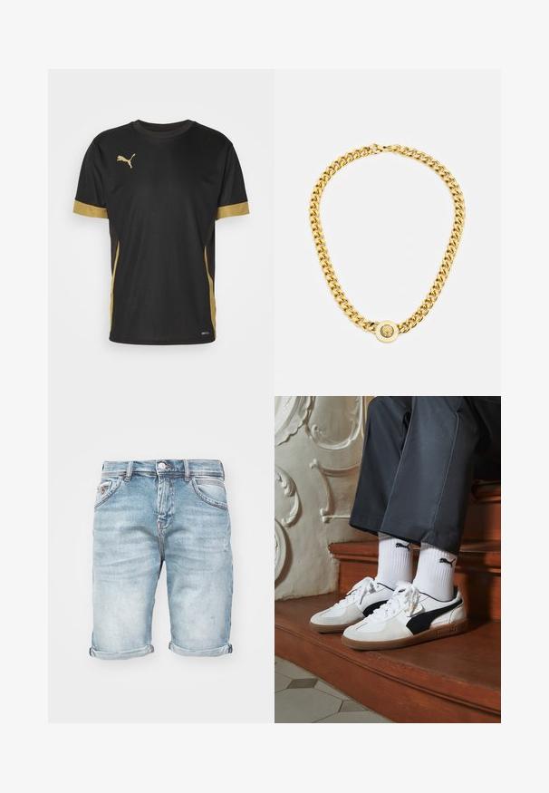 T-shirt sportivo nero con dettagli dorati sulle maniche e sui fianchi. Presenta un colletto rotondo, maniche corte e tessuto traspirante DRYCELL.; Shorts di jeans azzurri chiari con finitura sbiadita, risvolti, cinque tasche e chiusura con bottone in metallo, caratterizzati da sottili segni di usura.; Sneakers Puma in suede bianco e nero, con suola in gomma marrone. Abbinati a calzini bianchi con logo nero, indossati con pantaloni scuri.; Collana in oro con grandi anelli intrecciati, caratterizzata da un dettaglio pendente circolare al centro con un emblema in rilievo.