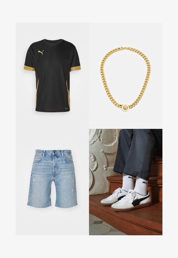 Crna atletska majica s zlatnim naglascima na rukavima i sa strane. Ima okrugli izrez, kratke rukave i tkaninu koja upija vlagu DRYCELL.; Traperice šortse u svijetloplavoj boji, s visokim strukom, ispucanim rubom, uništenim detaljima i dizajnom s pet džepova. Klasično kopčanje na gumbi i patentni zatvarač.; Puma tenisice u bijelom i crnom nubuku, s smešnim gumastim potplatom. Uparene su s bijelim čarapama s crnim logom, nosene uz tamne hlače.; Zlatna ogrlica s velikim isprepletenim karikama, koja sadrži kružni detalj na sredini s uzdignutim grbom.