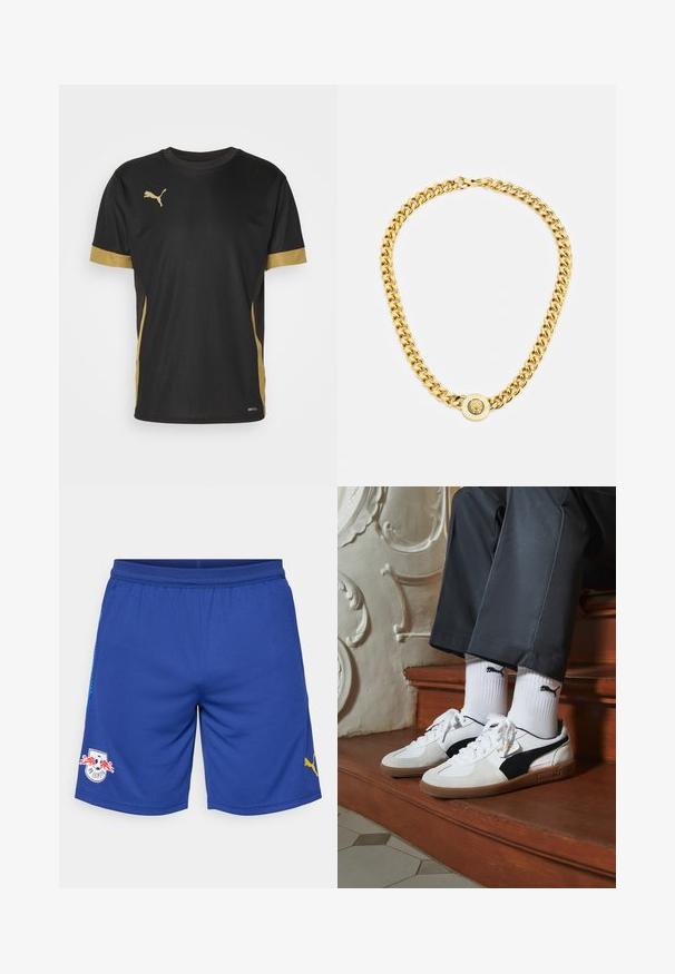 Czarny sportowy T-shirt z złotymi akcentami na rękawach i boku. Posiada okrągły dekolt, krótkie rękawy oraz materiał odprowadzający wilgoć DRYCELL.; Niebieskie szorty sportowe wykonane z oddychającego materiału, z siateczkowym paskiem w talii, żółtym logo Puma z boku oraz logo drużyny z przodu.; Sneakers Puma w białym i czarnym zamszu, z brązową gumową podeszwą. W połączeniu z białymi skarpetkami z czarnym logo, noszone z ciemnymi spodniami.; Złoty naszyjnik z dużymi, splątanymi ogniwami, z okrągłym wisiorkiem na środku, zawierającym wystający emblemat.