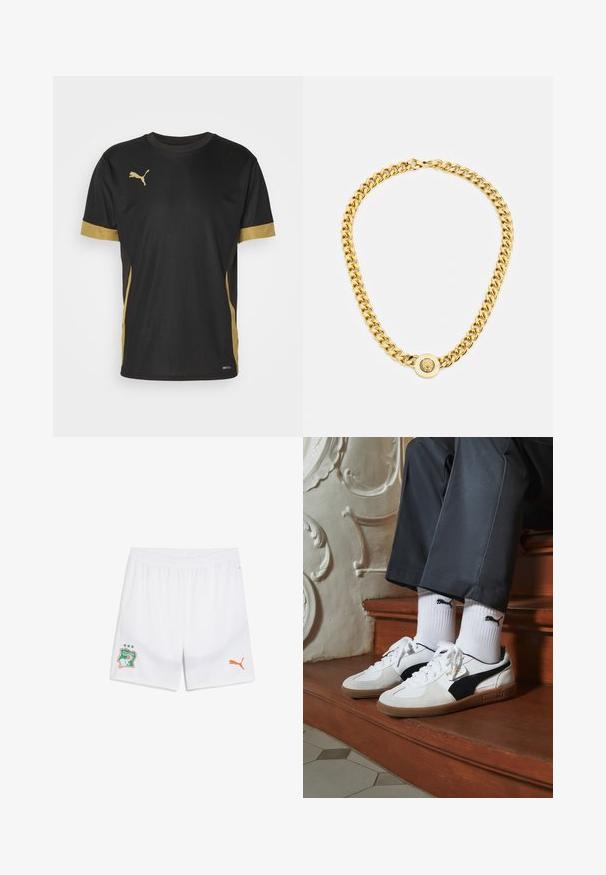 Crna atletska majica s zlatnim naglascima na rukavima i sa strane. Ima okrugli izrez, kratke rukave i tkaninu koja upija vlagu DRYCELL.; Bijele nogometne kratke hlače s elastičnom trakom u struku, s grbom Obale Slonovače u zelenoj i narančastoj boji te narančastim Puma logotipom.; Puma tenisice u bijelom i crnom nubuku, s smešnim gumastim potplatom. Uparene su s bijelim čarapama s crnim logom, nosene uz tamne hlače.; Zlatna ogrlica s velikim isprepletenim karikama, koja sadrži kružni detalj na sredini s uzdignutim grbom.