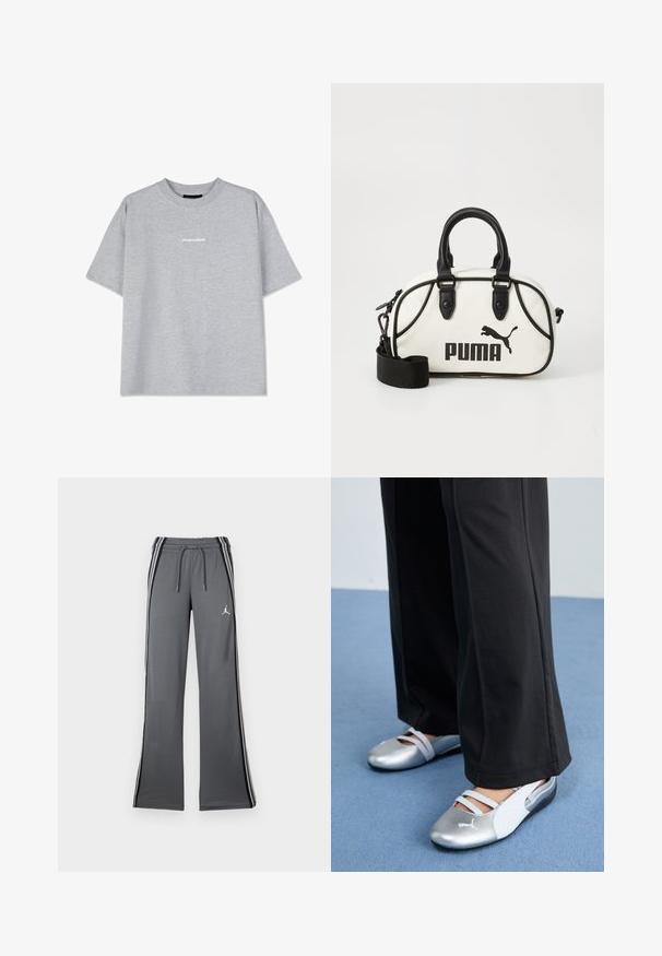 Grå bomullströja med korta ärmar, utrustad med en rundad hals och en liten vit "PEGADOR"-logotyp på framsidan. Slät textur, avslappnad passform.; Grå träningsoverallbyxor med dragsko i midjan, sidostängningar och en liten logotyp. Tillverkade av mjukt material, med en vid design och slät textur.; Silver- och vita platta skor med korsade remmar och texturerad detalj, kompletterat med lösa svarta byxor. Ställt mot ett blått golv.; Vit handväska med svarta detaljer, prydd med en Puma-logotyp. Korta, rundade handtag och en avtagbar rem, tillverkad av strukturerat syntetmaterial.