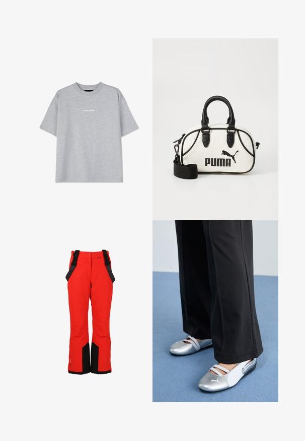 Grå bomulds t-shirt med korte ærmer, der har en rund halsudskæring og et lille hvidt "PEGADOR" logo på forsiden. Glat tekstur, afslappet pasform.; Røde snebukser med sorte detaljer, justerbare seler, brede ben og lynlåslommer for funktionalitet og komfort i vinterforhold.; Sølv- og hvide flade sko med krydsede stropper og tekstureret detaljering, suppleret med løse sorte bukser. Sat mod en blå gulv.; Hvid håndtaske med sorte accenter, som har et Puma-logo. Korte, runde hanke og en aftagelig rem, lavet af struktureret syntetisk materiale.
