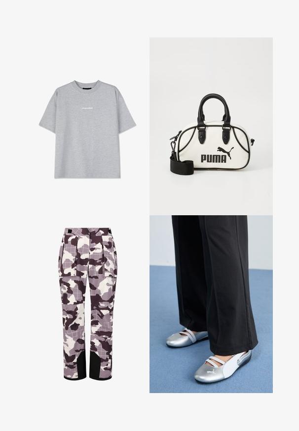 Grå bomullströja med korta ärmar, utrustad med en rundad hals och en liten vit "PEGADOR"-logotyp på framsidan. Slät textur, avslappnad passform.; Kamouflagedbyxor i nyanser av lila och vitt med ett rutmönster, med sidofickor och svarta detaljer vid fållen.; Silver- och vita platta skor med korsade remmar och texturerad detalj, kompletterat med lösa svarta byxor. Ställt mot ett blått golv.; Vit handväska med svarta detaljer, prydd med en Puma-logotyp. Korta, rundade handtag och en avtagbar rem, tillverkad av strukturerat syntetmaterial.