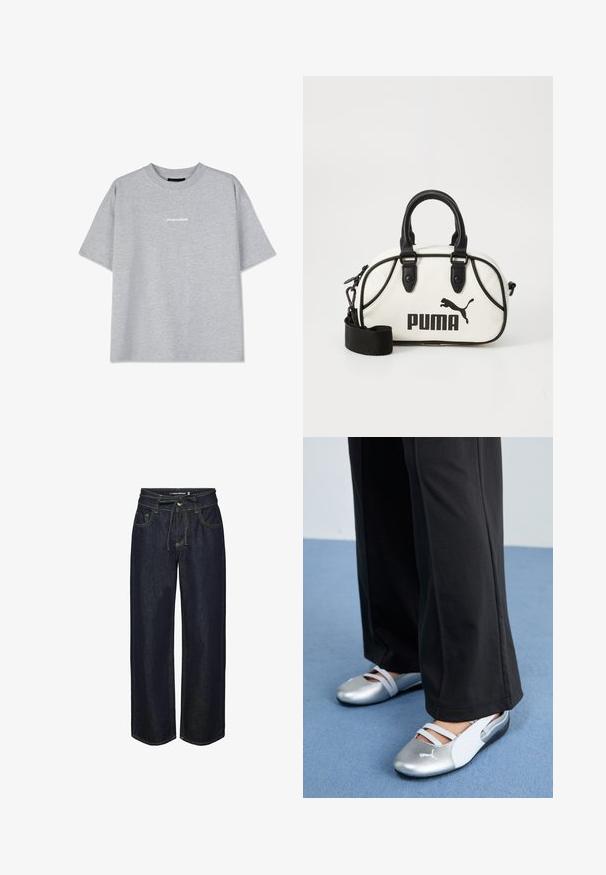 Grå bomullströja med korta ärmar, utrustad med en rundad hals och en liten vit "PEGADOR"-logotyp på framsidan. Slät textur, avslappnad passform.; Mörk denim byxor med vida ben och dragsko i midjan, med kontrasterande sömmar, framfickor och en något lös passform.; Silver- och vita platta skor med korsade remmar och texturerad detalj, kompletterat med lösa svarta byxor. Ställt mot ett blått golv.; Vit handväska med svarta detaljer, prydd med en Puma-logotyp. Korta, rundade handtag och en avtagbar rem, tillverkad av strukturerat syntetmaterial.