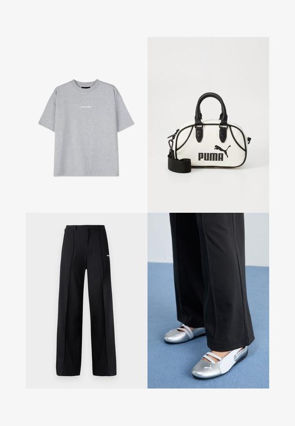 Pilkas medvilnės marškinėliai trumpomis rankovėmis, turintys apvalią iškirptę ir mažą baltą "PEGADOR" logotipą priekyje. Sklandi tekstūra, laisvas siluetas.; Juodos plačios kelnės, pagamintos iš lygaus audinio, su klostėmis ir mažos logotipų detalės akcentu. Sukurtos su vidutiniu juosmens aukščiu.; Sidabrinės ir baltos plokščios bateliai su kryžminiais dirželiais ir tekstūruotu raštu, derinami su laisvais juodais kelniais. Fonas - mėlyna grindų danga.; Balta rankinė su juodais akcentais, su Puma logotipu. Trumpi, apvalūs rankenėlės ir nuimamas diržas, pagaminta iš tekstūruotos sintetinės medžiagos.