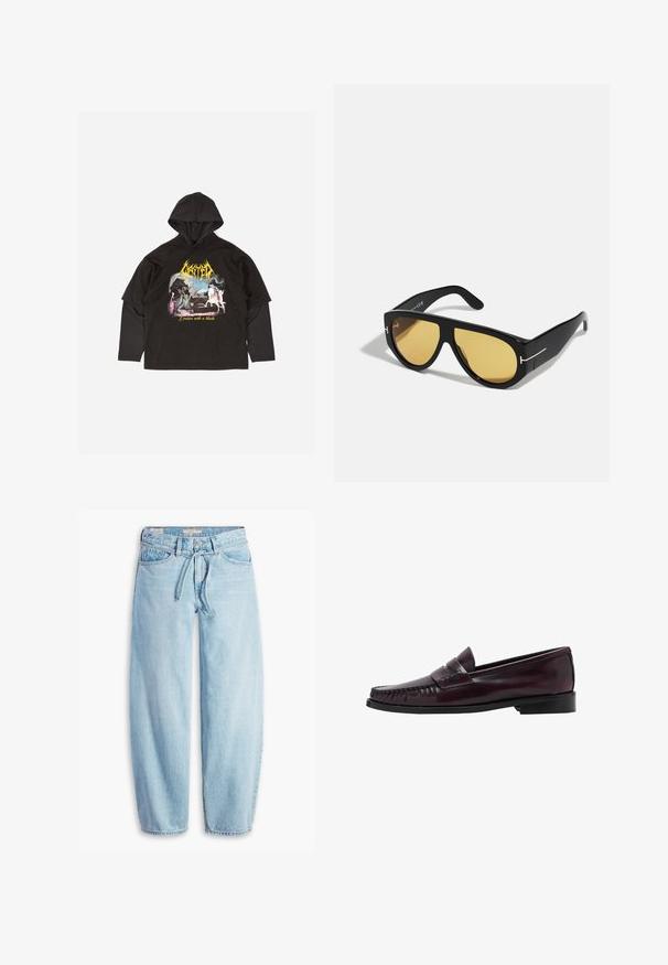Svart huvtröja med lång ärm, med en färgglad grafisk design och texten "Cruisin with a blade" tryckt på framsidan.; Levi's® XL BALLOON - Jeans relaxed fit - light-blue denim; Mörkbrun läder penny loafer för män med svart sula och sömdetaljer längs tåpartiet, visad i sidoprofil.; Svarta solglasögon med en geometrisk båge, gula linser och guldfärgade detaljer på bågarna. Slät yta, bred form, samtida design.; Svart slät läderhandväska med ett enda böjt handtag och dragkedjestängning upptill, visad mot en enkel vit bakgrund.