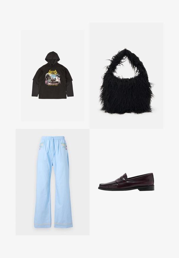 Black hooded t-shirt with long sleeves, featuring a colorful graphic design and text "Cruisin with a blade" printed on the front.; Light blue cotton pants with an elastic waistband, featuring floral embroidery on the front and contrasting trim at the hems.; Men’s dark brown leather penny loafer with black sole and stitching detail along the toe, shown in side profile.; Even&Odd Tote bag - black