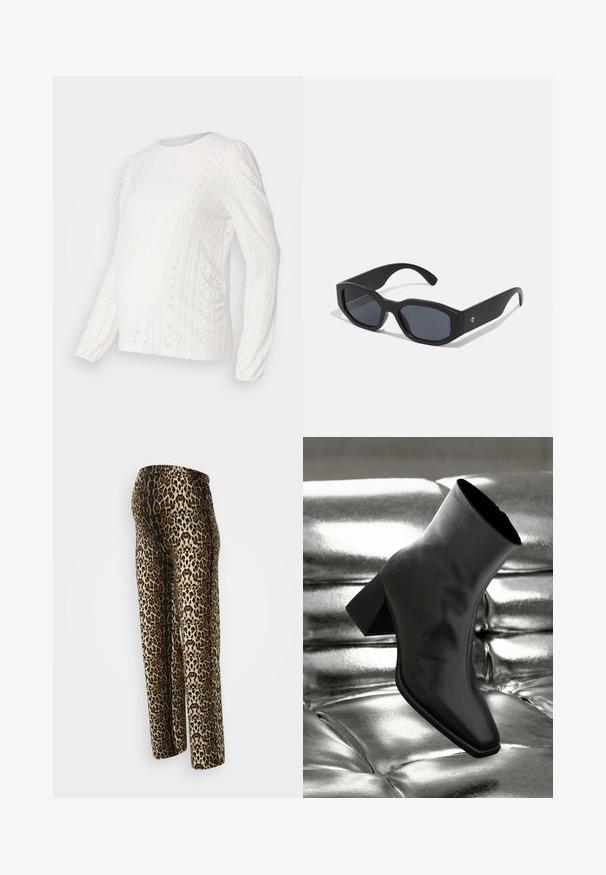 Balta ilgomis rankovėmis palaidinė su tekstūriniais raštais, akių detalėmis, guma apdorotais rankogaliais ir apvalia iškirpte, skirta nėštumo laikotarpiui.; Leopardo rašto kelnes, turinčios lygų paviršių, elastingą liemenį ir laisvą siluetą. Spalvos apima smėlio, rudos ir juodos.; Juodos kulkšnies botai, pagaminti iš blizgaus medžiagos, su kvadratine padu ir siauru kulnu, prieš blizgiai sidabrinį pūsto audinio foną.; Juodos akiniai nuo saulės su stačiakampiais rėmeliais, matinio paviršiaus, tamsiais objektyvais ir šiek tiek lenktomis rankenėlėmis. Diskretiška logotipo detalė ant vienos rankenėlės.; Sidabriniai lankelio formos auskarai su lygiu, blizgiu paviršiumi, išlenktos formos ir su užsegimu. Minimalistinio dizaino su moderniu apdaila.