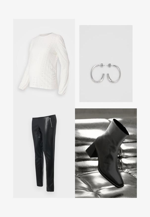 Valge pikade varrukatega top, millel on tekstuuriga mustrid, õhku läbilaskvad detailid, soonikust krae ja ümar kaelus, mõeldud raseduse ajal kandmiseks.; Mustad faux nahast püksid, kitseneva lõikega, millel on lukuga ees tasku ja sile, läikiv tekstuur.; Must musta narmand, läikiva materjali ja ruudukujulise varbaga ning kitseneva kontsaga, paigutatud läikiva hõbedaselt tuftitud tausta ette.; Hõbedast rõngaskõrvarõngad sileda ja läikiva pinnaga, kõveriku kujuga ning postitaksega sulgur. Minimalistlik disain kaasaegse viimistlusega.