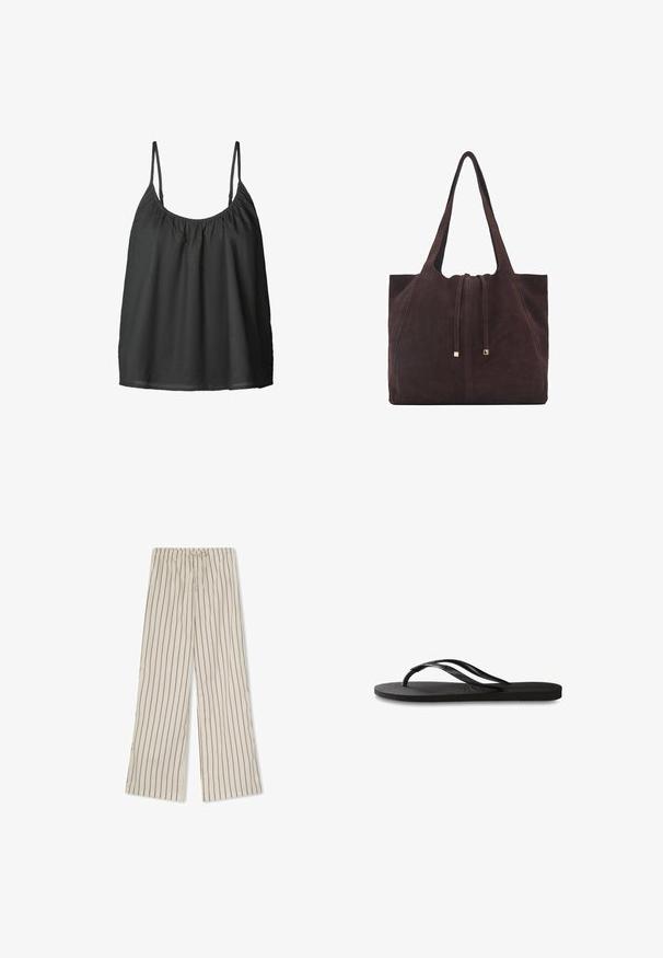 Czarny bezrękawnik z cienkimi regulowanymi ramiączkami, zebranym dekoltem i luźnym krojem. Wykonany z lekkiego materiału o gładkiej fakturze.; Lekki, kremowy materiałowe spodnie w poziome brązowe paski, z elastycznym pasem ze sznurkiem i szerokimi nogawkami.; Czarne klapki z teksturowaną gumową podeszwą, dwiema smukłymi paskami oraz subtelnym, wytłoczonym logo na pasku.; Mango - Torba na zakupy