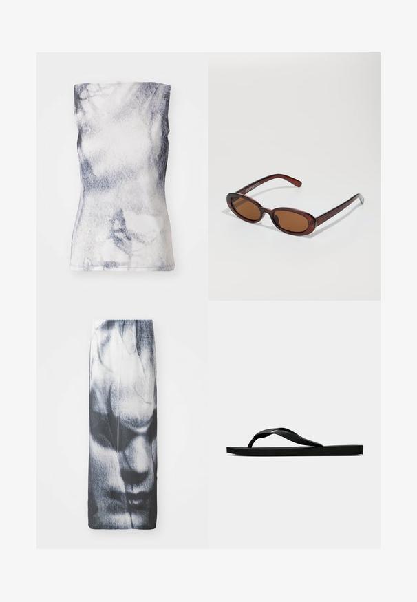 Rankovės neturinti palaidinė iš minkštos medžiagos, puikiai išryškinanti pilką ir baltą abstraktų raštą. Dizainas prigludęs, turi apvalų iškirpimą ir subtilų siuvinėjimą.; Juoda ir balta ilga sijonas su grafiniu veido atvaizdu, turintis lygią tekstūrą ir prigludusią siluetą.; Juodas gumos šlepetės tipo sandalai su tekstūruota dirželiu ir paprastu plokščiu padu, rodomi iš šono ant vientiso šviesaus fono.; APvalūs, rudos spalvos saulės akiniai su blizgia burgundinės spalvos rėmeliu. Plonos šakutės su subtiliu ženklinimu. Lygus objektyvo dizainas.