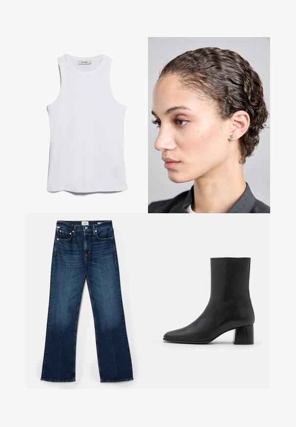 Biała prążkowana koszulka bez rękawów z okrągłym dekoltem i szerokimi wycięciami na ramionach. Posiada gładką fakturę i prosty krój dołu. Metka informuje "IVY OAK."; Granatowe dżinsy, szeroki krój nogawek, pięć kieszeni, widoczne przeszycia oraz gładka faktura z lekkim spraniem.; Czarne skórzane botki za kostkę z ostrym noskiem i masywnym kwadratowym obcasem. Gładka faktura z bezszwowym designem i minimalnym przeszyciem.; Szmaragdowe kolczyki w kształcie prostokątnym osadzone w prostym metalowym mocowaniu, noszone na zbliżeniu profilu osoby z falującymi włosami i naturalnym makijażem.