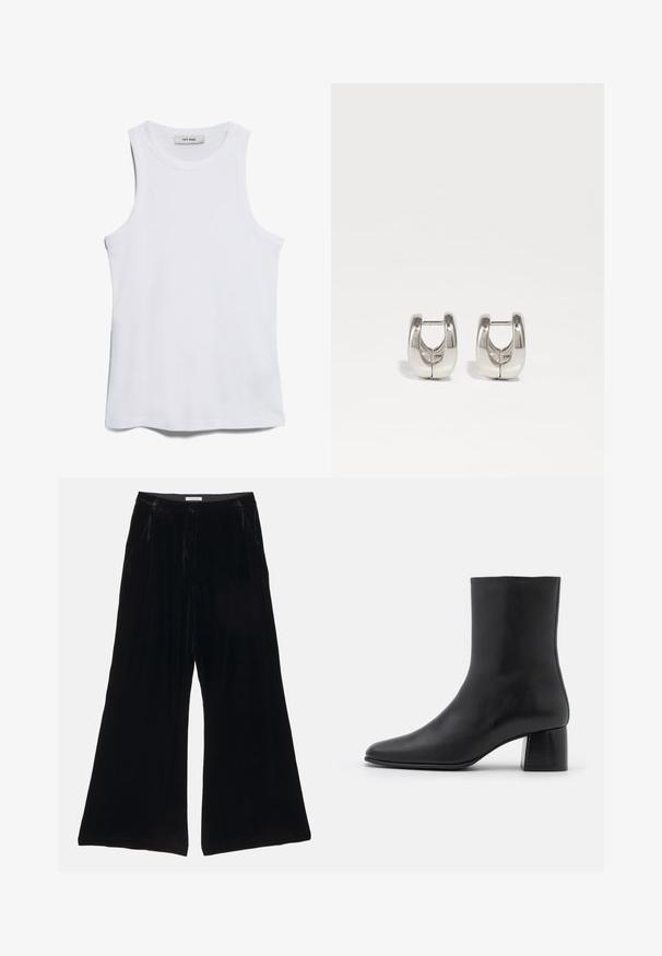 Baltas dryžuotas bakas su apvaliu kaklu ir plačiomis rankovėmis. Ypatingas sklandus paviršius ir tiesus apačios kraštas. Etiketėje užrašyta "IVY OAK."; Juodos aksominės plačios kelnės su sklandžiu paviršiumi, turinčios pritaikytą liemenį ir priekinėmis kišenėmis, demonstruojančios klostuotą dizainą.; Juodas odinis kulkšninis botas su smailiu pirštu ir masyviu kvadratiniu kulnu. Lygus paviršius be siūlių ir minimalizmu išsiskiriantis dizainas.; Sidabriniai auskarai žiedai, suapvalintos formos, turintys lygią metalinę paviršių ir atvirą centrą, atspindintį šviesą.