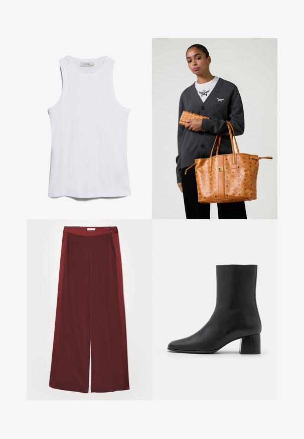 Witte geribbelde tanktop met een ronde hals en brede armsgaten. Heeft een soepele textuur en een rechte zoom. Etiket zegt "IVY OAK."; Bordeaux wijde broek met een gladde, zachte textuur, voorzien van een platte tailleband en zijzakken. Minimalistisch ontwerp zonder zichtbare hardware.; Zwarte leren enkelboot met een spitse neus en een chunky vierkante hak. Glad oppervlak met een naadloos ontwerp en minimalistische stiksels.; Vrouw in een donkergrijze cardigan en witte shirt, met een lichtbruine leren tote bag en bijpassende portemonnee met logo-print.