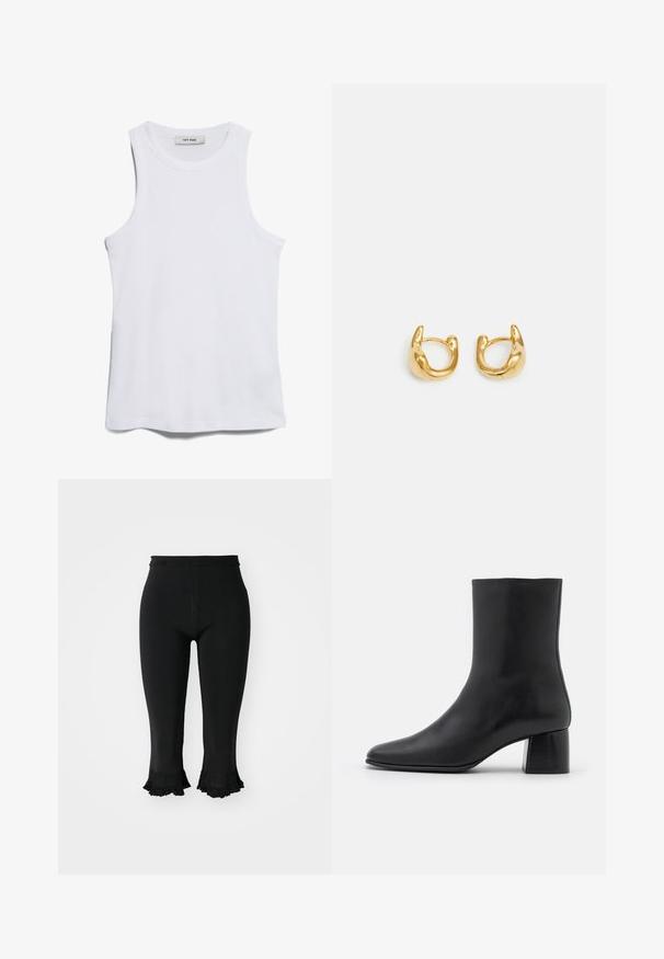 Valkoinen ribattua tankkitoppi, jossa on pyöreä kaula-auko ja leveät käsivarren aukot. Ominaisuuksiin kuuluu sileä pinta ja suora helma. Tunnuslukemana "IVY OAK."; sandro PANTALON CROP MAILLE BAS FANTAISIE - Housut - noir; Mustat nahkasaappaat nilkkakorkeudella, joissa on terävä kärki ja tukeva neliön muotoinen korko. Sileä pinta, saumaton muotoilu ja minimalistinen ommel.; Kulta renkaat korvakorut, joissa on sileä, pyöreä muoto ja kiiltävä pinta. Korvakoruilla on kompakti, tukeva muoto ja saumaton lukko.