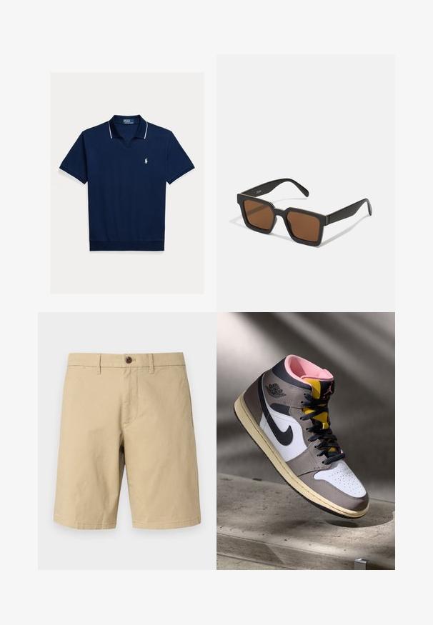 Laivastonsininen puuvillainen poolopaita, jossa on v-pääntie, lyhyet hihat, valkoinen reunus kauluksessa ja hihoissa, sekä pieni logo rinnassa.; GAP VINTAGE - Shortsit - khaki; Korkeavartiset Nike Air Jordan -lenkkarit valkoisena, harmaana ja mustana vaaleanpunaisella sisäosalla ja keltaisella kielillä, asetettuna betonipinnalle.; Mustat neliönmuotoiset aurinkolasit ruskeilla linsseillä, joissa on matta pinta ja kultaiset yksityiskohdat kehyksetissä. Suunnittelu on kulmikas ja leveillä sivuilla.; Casio suorakulmainen kello, jossa on valkoinen kasvot, kultaiset yksityiskohdat, roomalaiset numerot ja ruskea krokotiilin nahkainen hihna. Vesitiivis muotoilu.