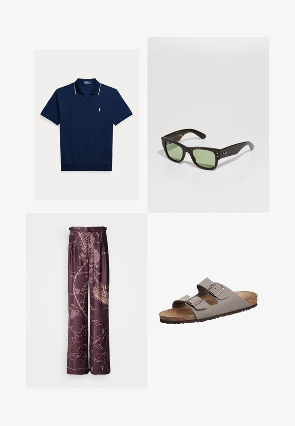 Tricou polo bleumarin din bumbac, cu decolteu în V, mâneci scurte, margini albe la guler și mâneci, cu un logo mic pe piept.; Pantaloni largi mov cu un imprimeu de hartă într-o nuanță mai deschisă. Realizați dintr-un material fin, cu plisuri și o talie elastică.; Sandale gri cu două bretele, prevăzute cu o separație din plută și talpă din cauciuc. Dispune de catarame metalice ajustabile și un material superior neted.; Ochelari de soare tortoiseshell maro cu lentile verzi, formă pătrată și accente metalice. Prezintă logo pe tâmpla stângă. Finisaj mat.