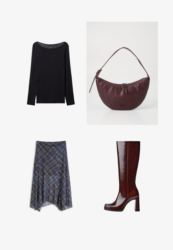 Černá dlouhá halenka s širokým výstřihem, vyrobená z měkké látky, s těsným střihem a minimálními švy.; Černá kostkovaná sukně s modrými a hnědými pruhy, volný design, střední délky, vyrobena z lehké látky s hladkou texturou.; Lakované kožené boty v barvě burgundské, sahající po kolena, s čtveratou špičkou, vyvýšenou platformou a robustním blokovým podpatkem. Hladký povrch s minimem detailů.; Bordó kožená kabelka s zakřiveným designem, která má zipové uzavření, dva jezdce na zip a krátký popruh na rameno. Mezi detaily patří embosované logo.