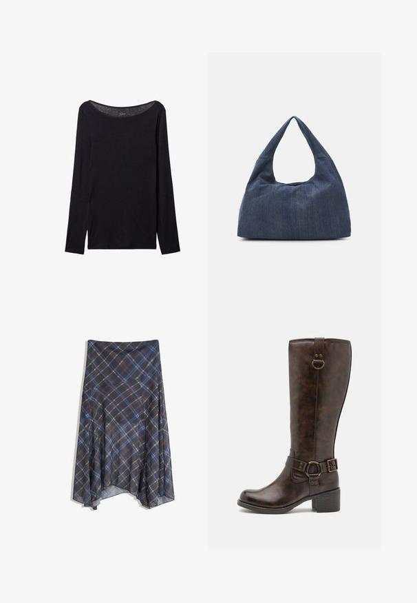 Black long-sleeve shirt with a wide neckline, made of soft fabric, featuring a fitted design and minimal stitching details.; Black plaid skirt featuring blue and brown lines, flowing design, mid-length, made from lightweight fabric with a smooth texture.; Brown leather knee-high boots with a rounded toe, decorative belt strap, circular hardware, and a low block heel. Smooth texture throughout.; Dark blue denim bag with a soft, slouchy shape, featuring a hobo-style handle and textured surface. No visible hardware accents.