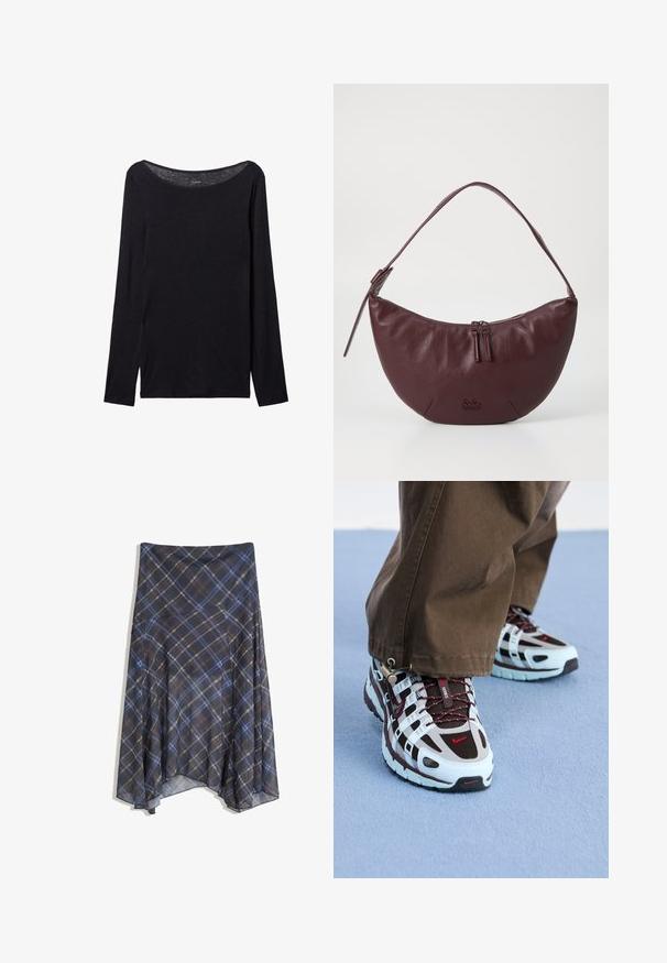 Black long-sleeve shirt with a wide neckline, made of soft fabric, featuring a fitted design and minimal stitching details.; Black plaid skirt featuring blue and brown lines, flowing design, mid-length, made from lightweight fabric with a smooth texture.; Nike sneakers featuring a light blue and brown color scheme, mesh and rubber material, with contrasting red accents and a textured sole.; Maroon leather handbag with a curved design, featuring a zip closure, two zipper pulls, and a short shoulder strap. Detailing includes embossed logo.