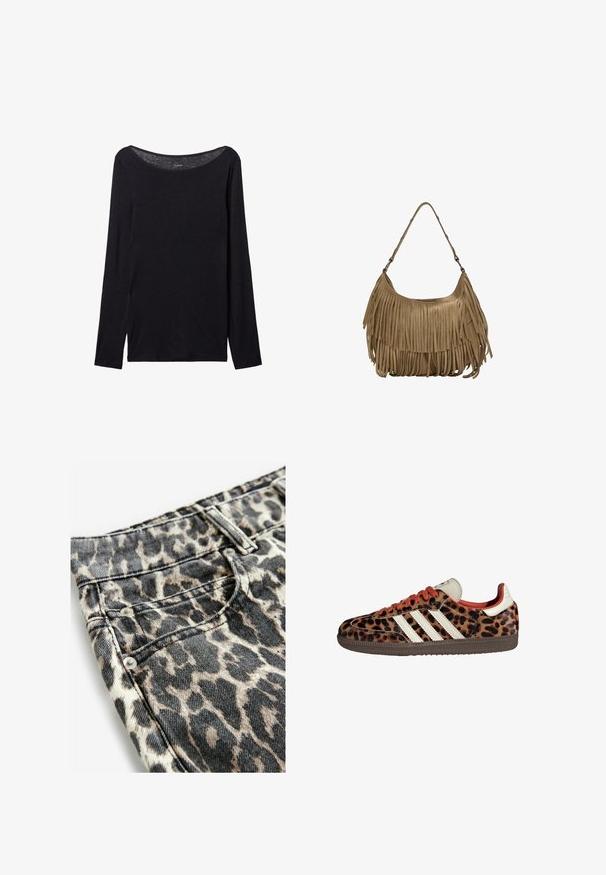 Chemise noire à manches longues avec un large col, en tissu doux, présentant une coupe ajustée et de minimalistes détails de couture.; Jean imprimé animal avec un motif beige et noir, fabriqué en denim avec une finition texturée, agrémenté d'accastillage et de coutures en argent.; Baskets en imprimé léopard avec un matériau en suède, lacets rouges et trois rayures blanches sur le côté. Présente une languette de couleur crème et une semelle marron.; Sac à main en daim marron avec des détails en franges longues, une forme incurvée et une seule bandoulière. Caractérisé par une surface lisse et texturée.